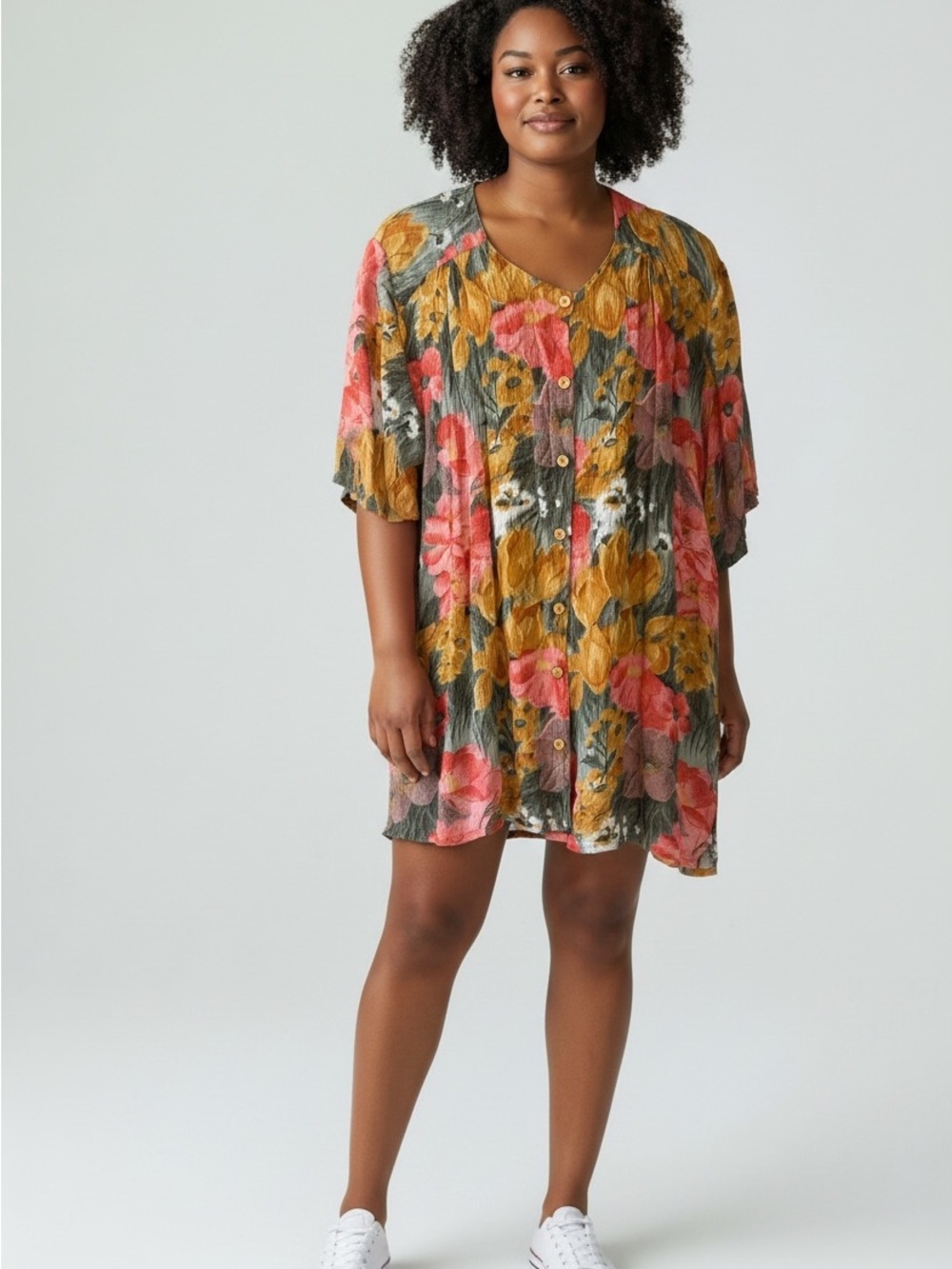 Vintage Rare Mango Bright Floral Top or Dress in Mustard w Coral & Green - Picture 3 of 17